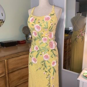 Gorgeous Yellow Silk Beaded Evening Gown